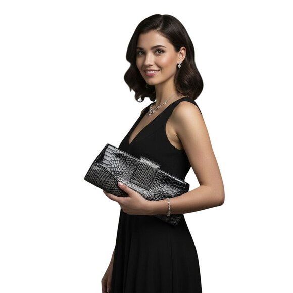 Unknown Handbags - Faux Leather Croc Embossed Clutch Kiss Lock Silver Hardware 10.5"x5"